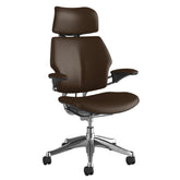 Humanscale Freedom Chair, Standard Duron Arms, Ticino Leather, Coffee, Aluminium